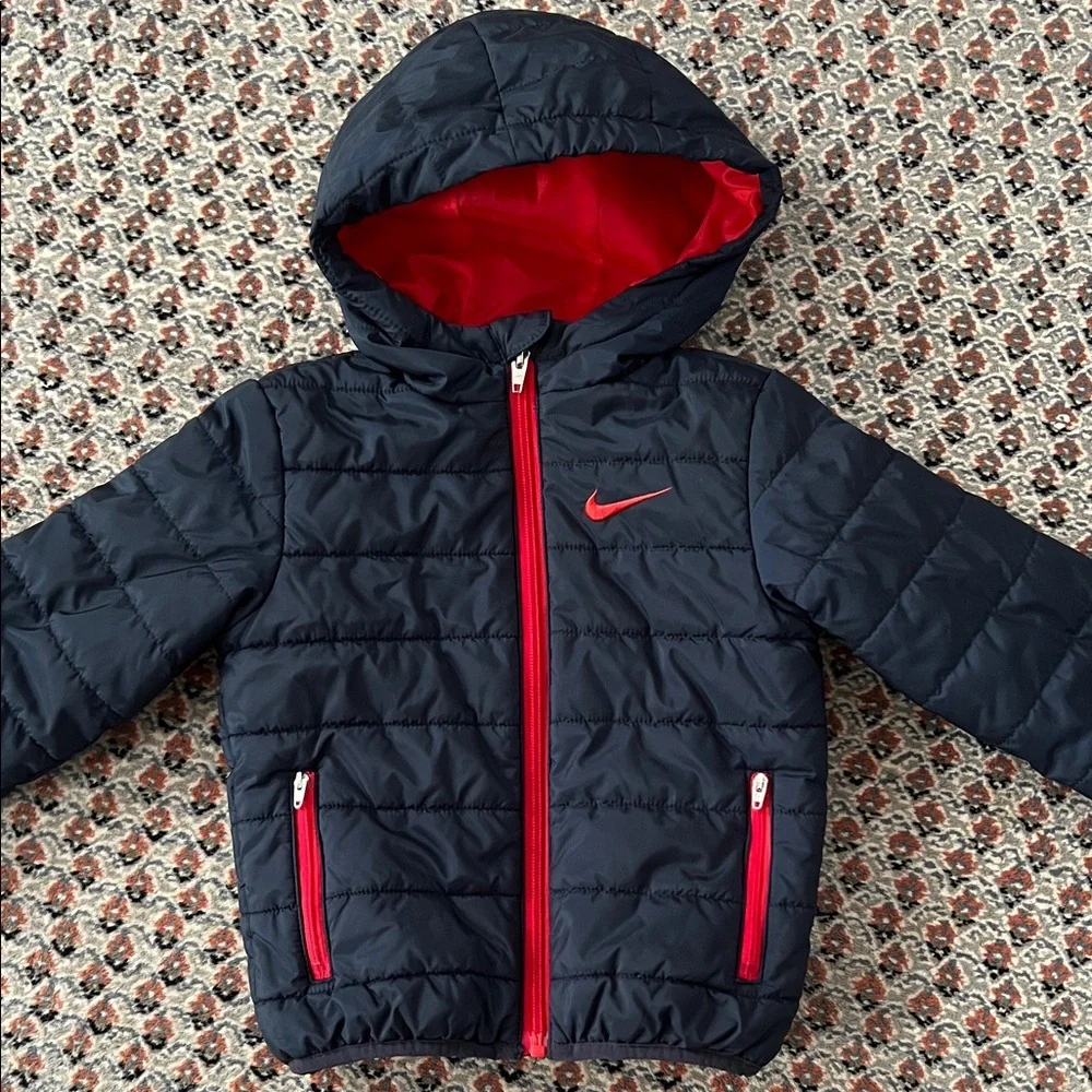 EUC Nike Kids' Navy Blue and Red Full Zip Puffer Jacket Size 3T